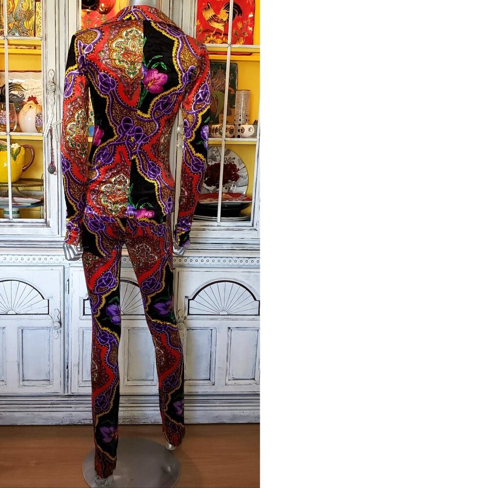 Vintage Betsey Johnson Floral Leopard Stretch Velvet Jeans Pants Dress Top Shirt - Picture 6 of 16